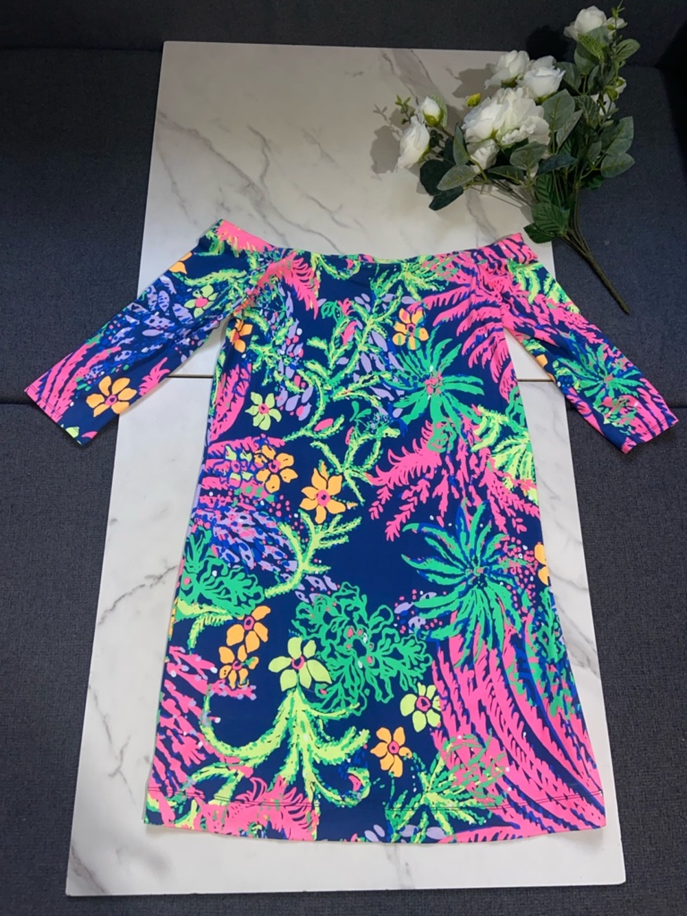 Lilly Pulitzer Off-Shoulder Shift Dress 3/4 Sleeves Pink & Lime Floral size M